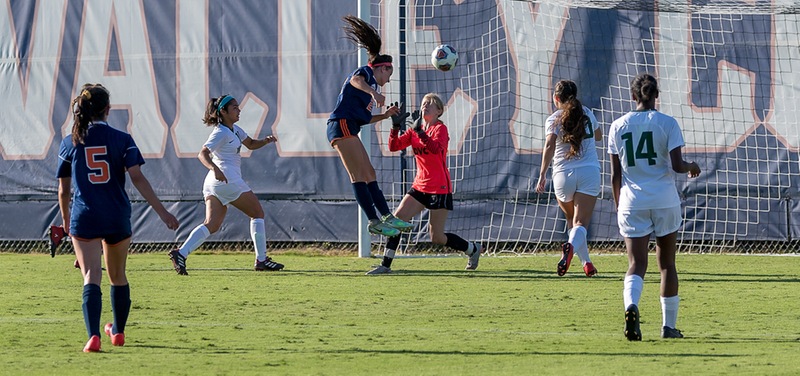 Kyndall Schwiebert nets a header over DVC keeper Katey Wohlers in the 85th minute